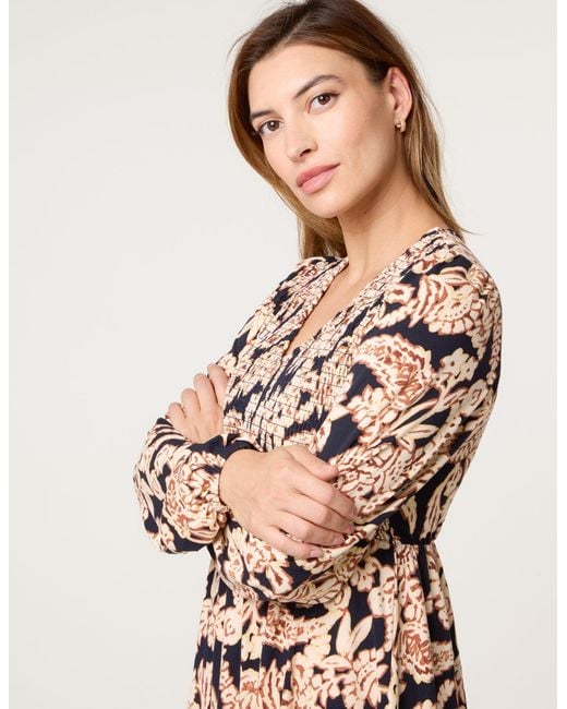 Blue Vanilla Natural V Neck Shirred Border Print Midi Dress