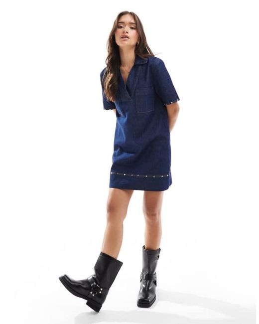 ASOS Blue Denim Shirt Dress With Studs