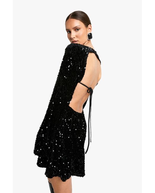 boohoo open back sequin dress Navy Cowl Back Sequin Fit And Flare Maxi Dress