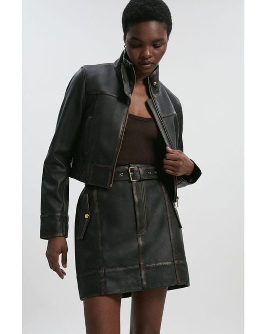 Karen Millen Black Leather Washed Belted Mini Skirt