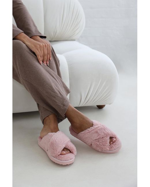 Where's That From Gray Wheres 'Ciara' Faux Fur Cross Over Strap Slippers