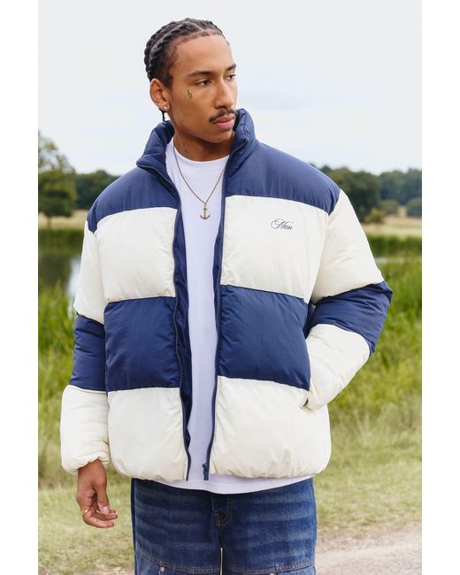 BoohooMAN Blue Oversized Colour Block Panelled Puffer Jacket for men
