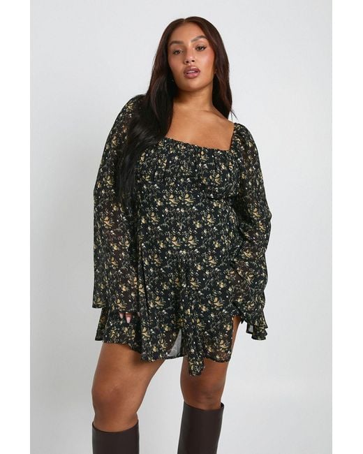 Boohoo Black Plus Floral Chiffon Godet Skater