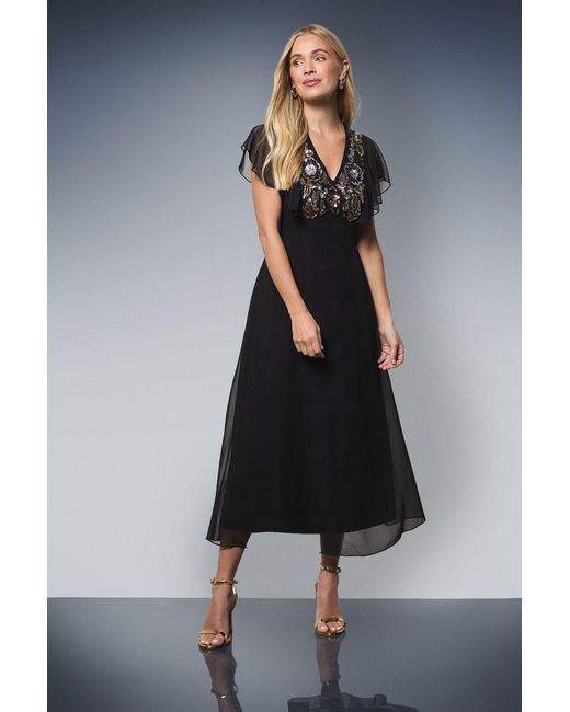 Wallis Gray Petite Embellished Floral Angel Sleeve Midi Dress