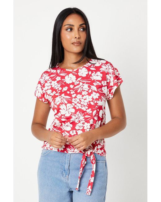 Wallis Red Petite Floral Tie Side Jersey T-Shirt Viscose