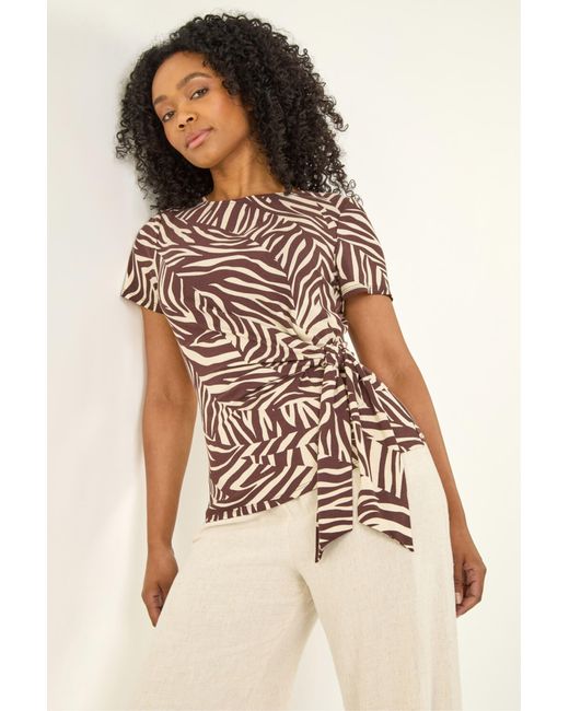 Roman Brown Petite Zebra Print Side Tie Top