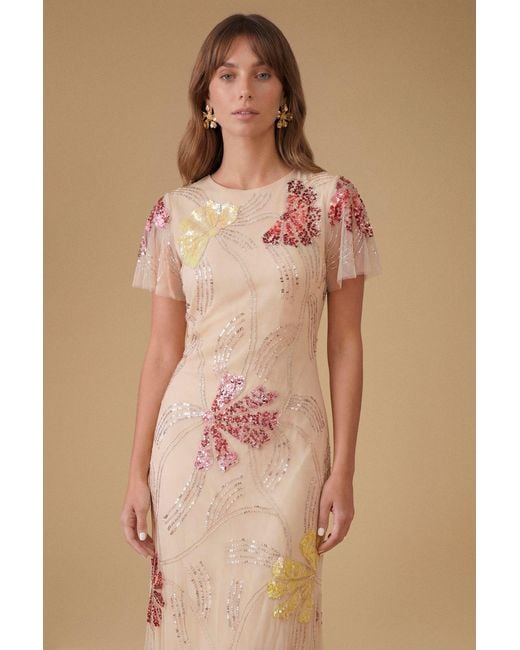 Oasis Natural Fan Floral Embellished Angel Sleeve Maxi Dress