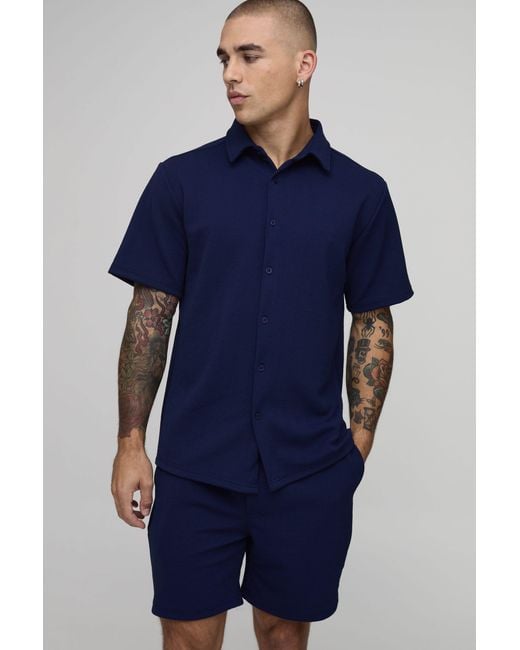 BoohooMAN Blue Short Sleeve Jersey Herringbone Shirt And Set for men