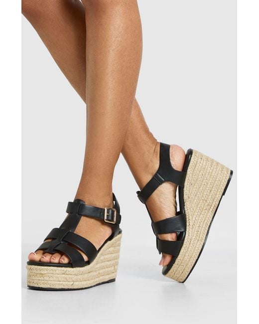 Boohoo Black T Bar Espadrille Platform Wedges