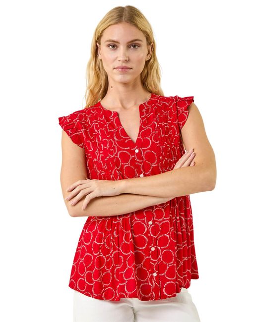 Roman Red Circle Print Frill Sleeve Blouse
