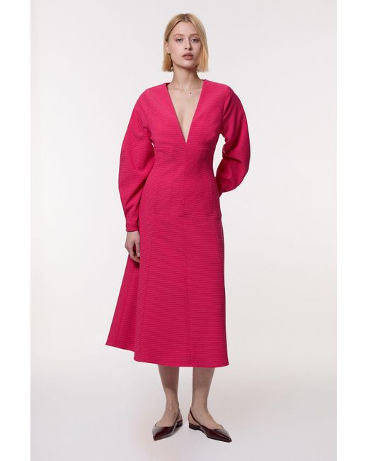 Karen Millen Pink Textured Tailored Dropped Waist Sleeved Midaxi Dress