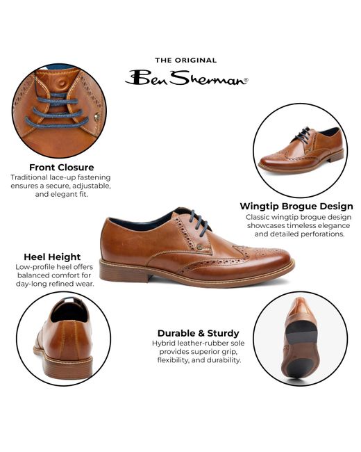Ben Sherman Brown Tan Leather Wingtip Oxford Brogue Dress Shoes for men