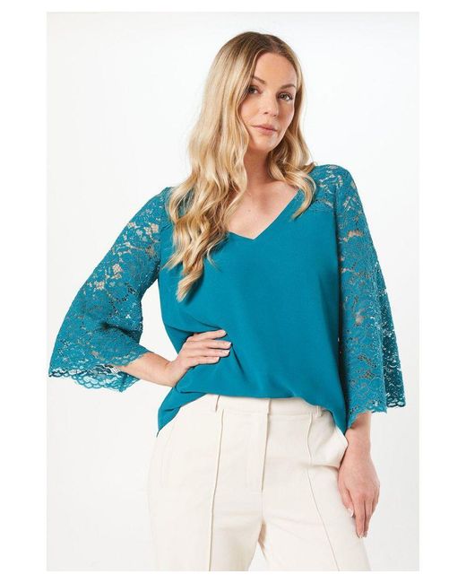 Wallis Blue Lace Trim Asymmetric Hem Top