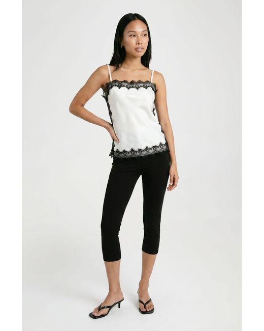 Boohoo White Satin Square Neck Lace Trim Cami Top