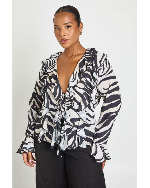 Boohoo Multicolor Plus Zebratie Front Ruffle Blouse