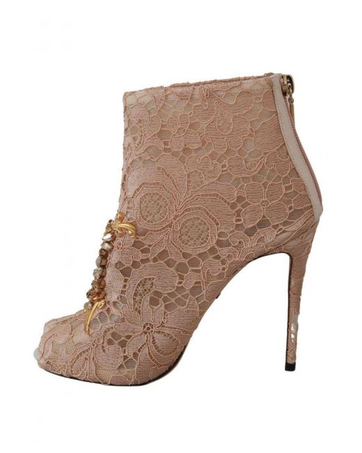 Dolce & Gabbana Brown Crystal Lace Booties Stilettos Shoes Viscose