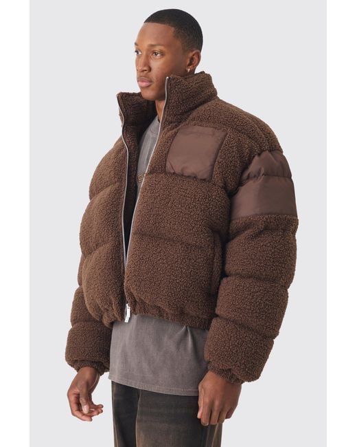 BoohooMAN Brown Borg & Nylon Funnel Neck Puffer In Chocolate for men