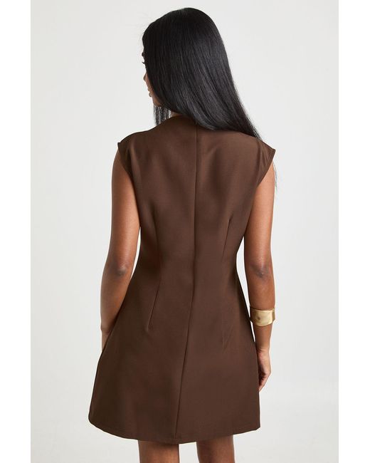 Boohoo Brown Trim Asymmetric Neckline Mini Dress