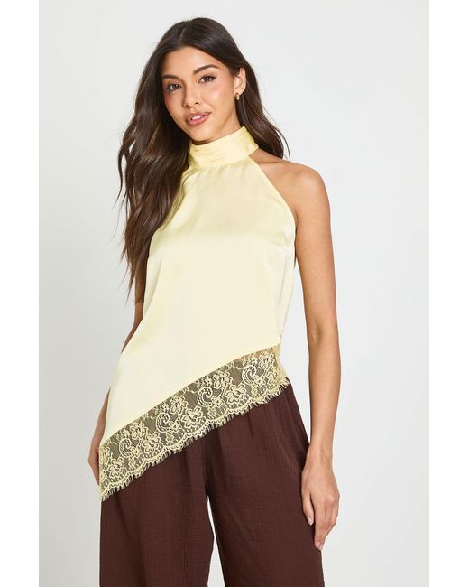 Boohoo Yellow Satin High Neck Lace Trim Top