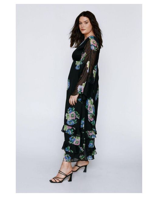 Warehouse Black Plus Waterfall Sleeve Plunge Floral Maxi Dress