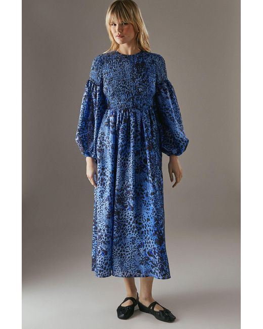 Warehouse Blue Printed Textured Organza Shirred Midaxi Dress
