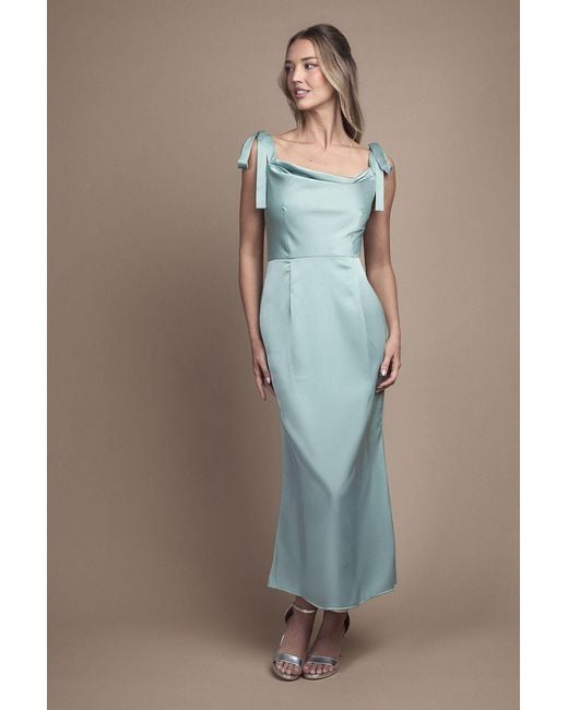Oasis Green Satin Tie Shoulder Cowl Front Midi Bridesmaid Dress