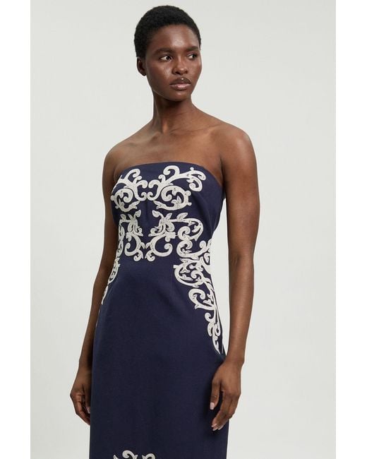 Karen Millen Blue Cotton Linen Embroidered Bandeau Midi Dress