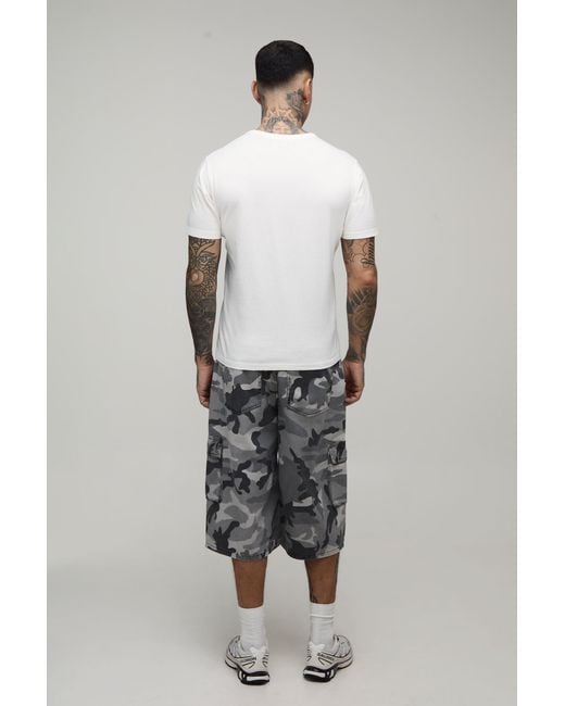 BoohooMAN Gray Tall Washed Camo Pleat Knee Longline Jorts for men