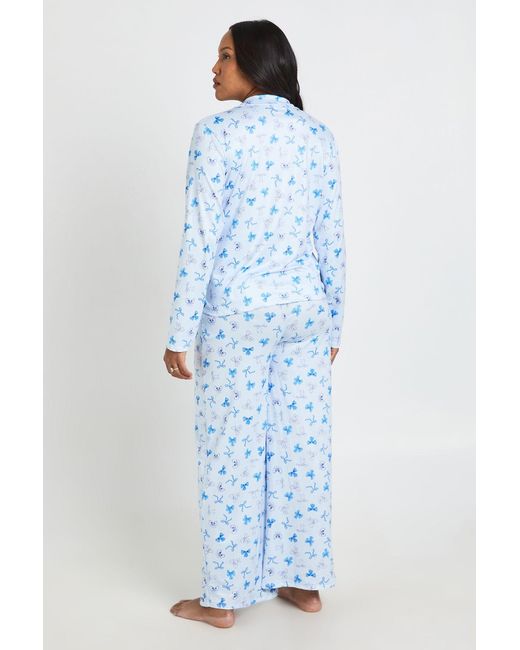 Boohoo Blue Maternity Polka Dot Bows Print Long Sleeve Shirt & Trouser Pyjama Set