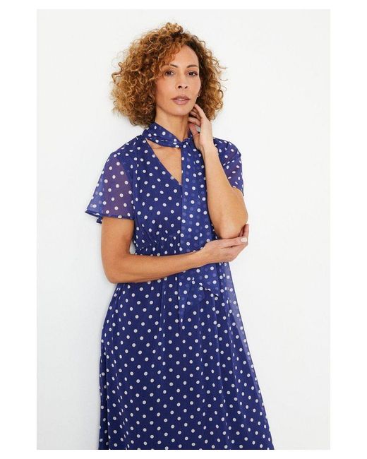 Wallis Blue Tall Spot Print Flutter Sleeve Tie Neck Midi Dress