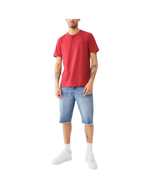 True Religion Red 108426 Henley T Shirt Short Sleeve Logo Placket Cotton Tee for men