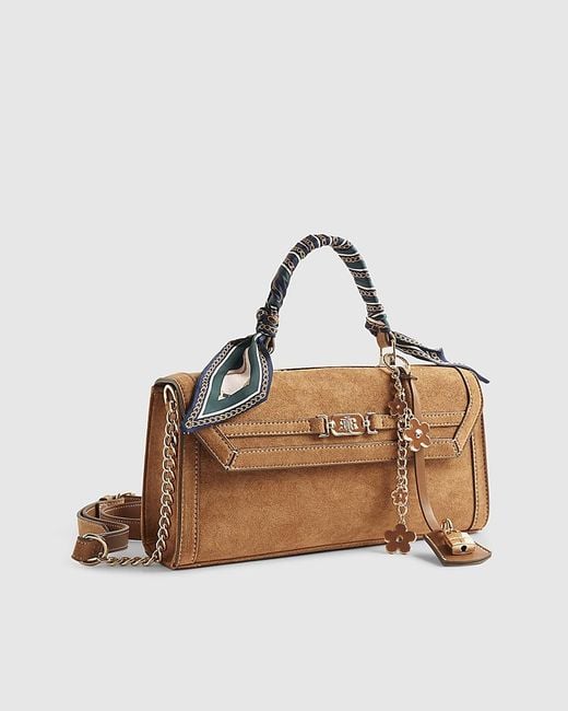 River Island Brown Crossbody Bag Faux Suede Charms Zip Popper