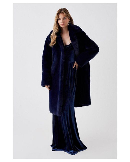Coast Blue Faux Fur Longline Collared Coat