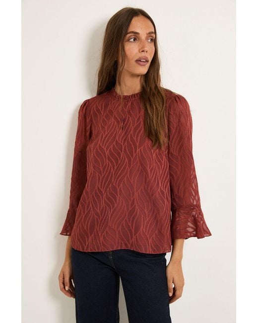 Wallis Red Burnout Ruffle Neck Blouse
