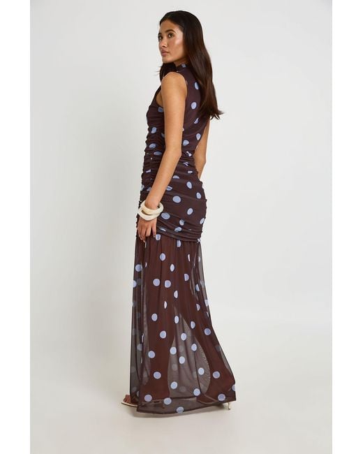 Boohoo Brown Tonal Polka Dot Ruched Bodice Maxi Dress