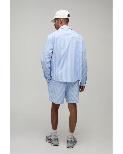 BoohooMAN Blue Stripe Poplin Curved Hem Embroidered Oversized Long Sleeve Shirt & Baggy Short Set for men