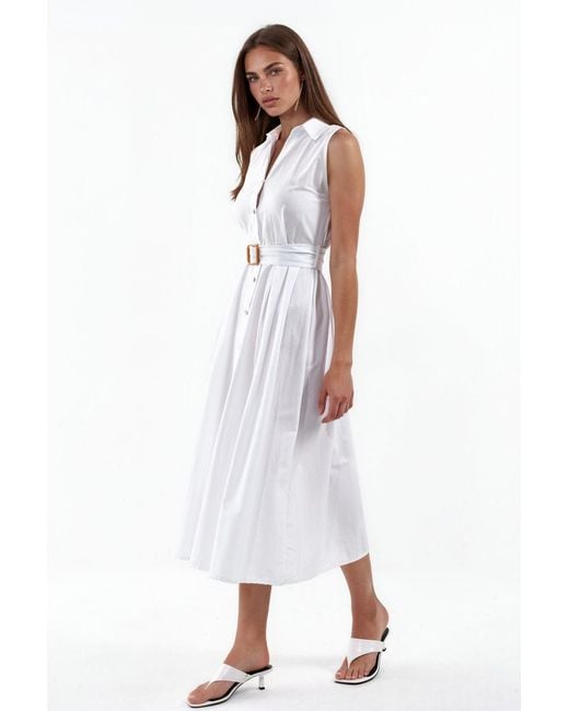 Busem White Belted Sleeveless Poplin Shirt Midi Dress