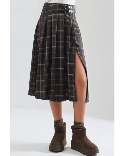 Hiccup Black Plaid Pleated Midi Skirt With Belt Detail