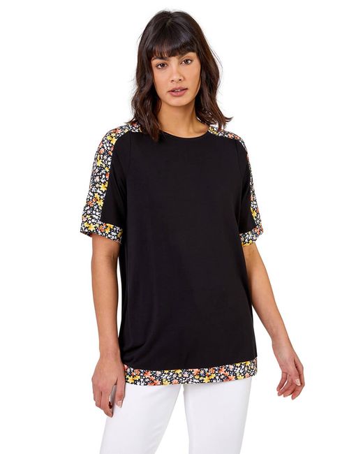 Roman Black Floral Print Contrast Jeresey Top