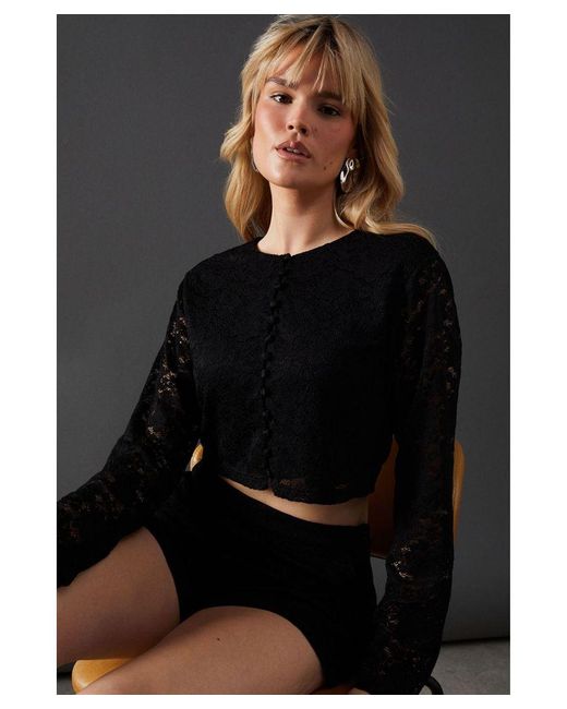 Warehouse Black Lace Long Sleeve Button Back Crop Top