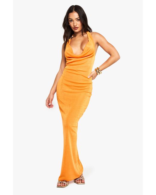 Boohoo Orange Petite Beaded Cowl Slinky Maxi Dress