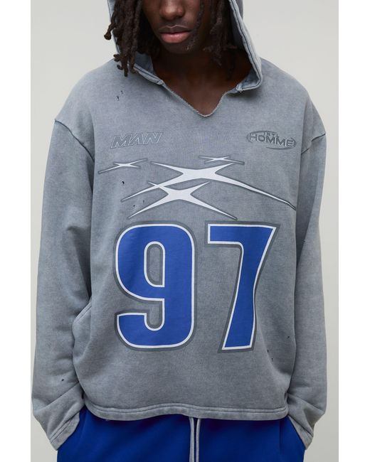 BoohooMAN Gray Oversized Boxy Distressed Ripped Neck Hoodie for men