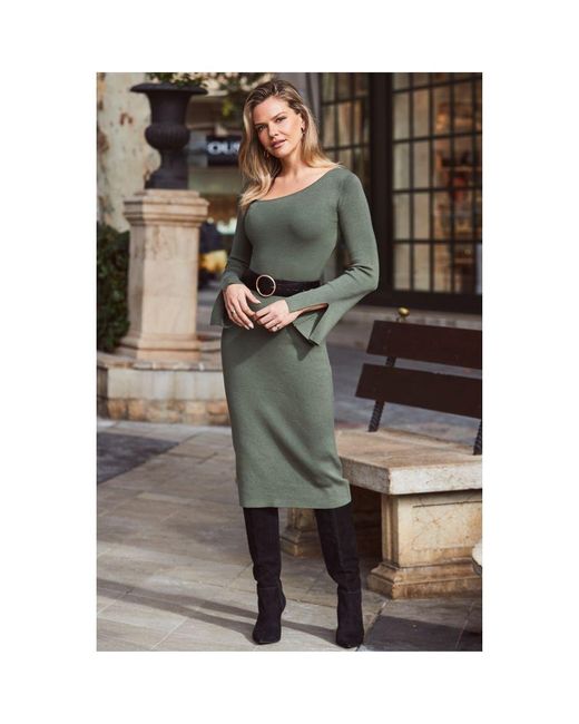 Sosandar Green Khaki Asymmetric Neckline Rib Knit Dress