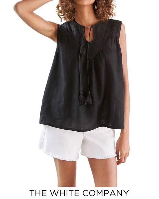 The White Company Black Linen Notch Neck Sleeveless Top