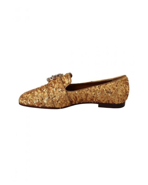 Dolce & Gabbana Brown Sequin Crystal Flat Loafers Shoes