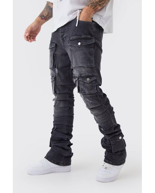 BoohooMAN Blue Skinny Stacked Multi Cargo Pocket Flared Jeans for men
