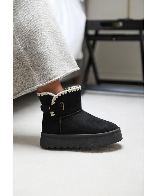 Where's That From Black Faux Fur-Lined Velcro Ankle Boots