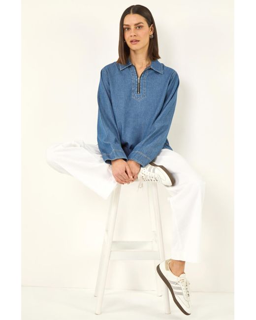 Roman Blue Collared Zip Front Denim Top