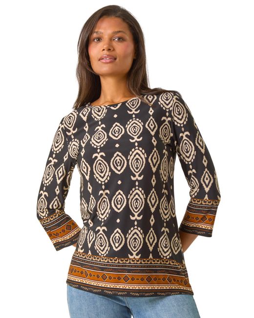 Roman Black Ikat Border Hem Stretch Top