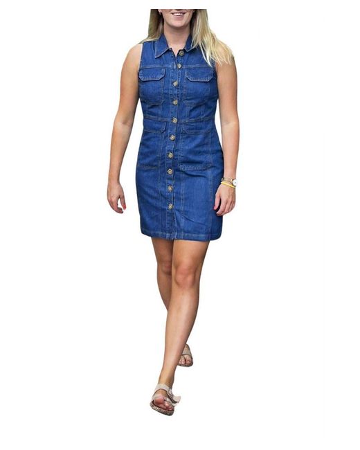 Warehouse Blue Denim Sleeveless Shirt Dress